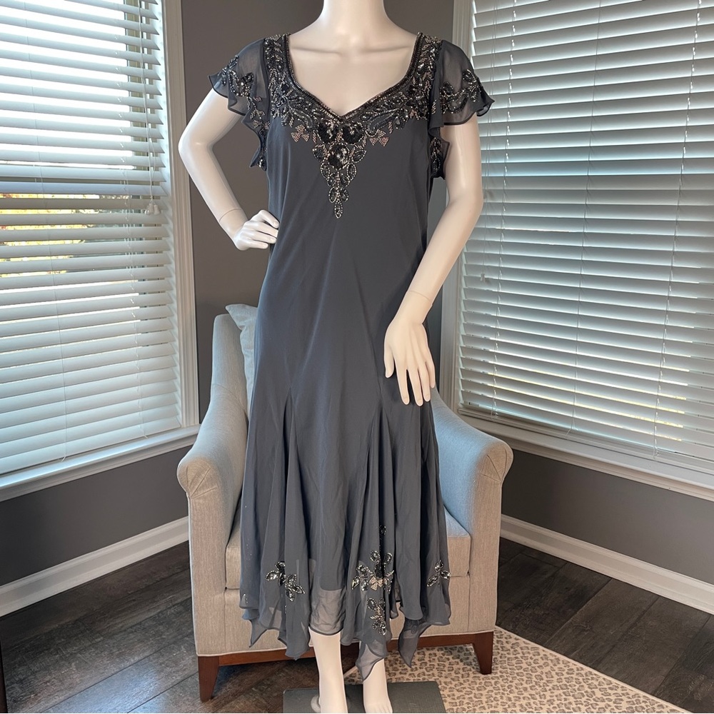 J Kara Flutter Sleeve Hanky Hem Cocktail Beaded Dress NWT